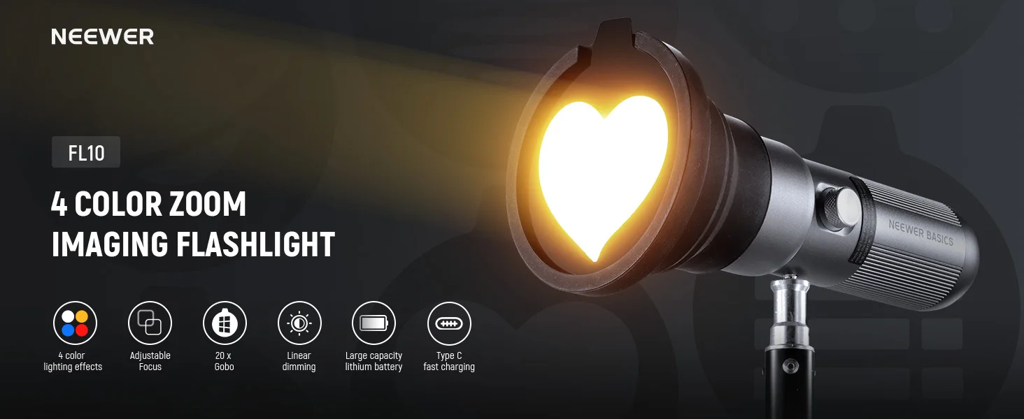 NEEWER BASICS FL10 LED-Fotografie-Taschenlampe mit 4 Farben/20 Gobo-Filtern/7500 mAh, 10 W tragbarer LED-Videoscheinwerfer – Detail 1