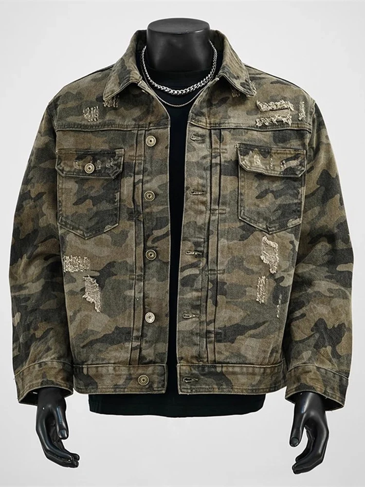 2025 New American Retro Camouflage Denim Jacket Men's Hole Workwear Jacket Handsome Trendy Versatile Long Sleeve Cotton Blend