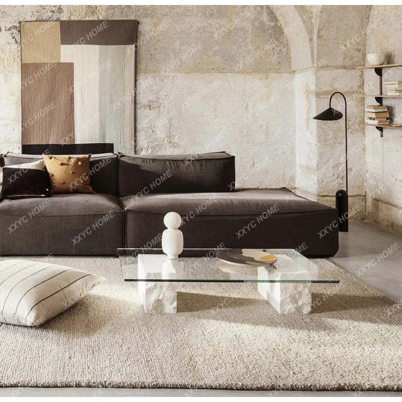 Natural marble tempered glass coffee table simple personality crushing effect rectangular living room tea table