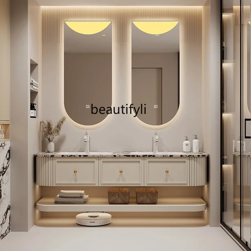 

yh French cream style bathroom cabinet combination double basin luxury stone light luxury integrated basin washstand