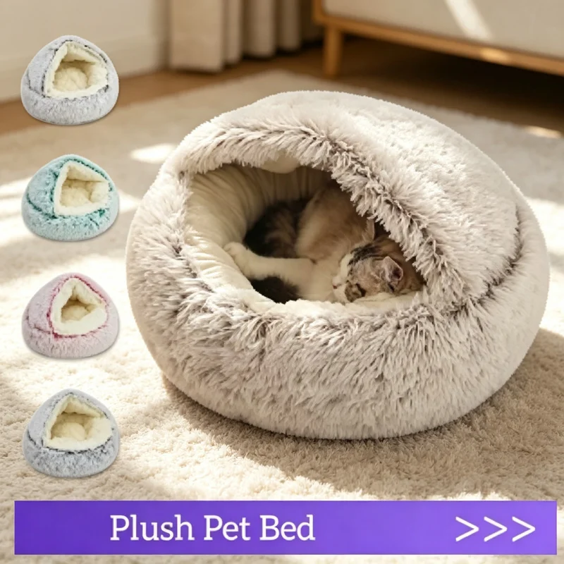 Warm Soft Plush Round Cat Bed with Cover, Pet Sleeping Nest Cave for Small Dogs Kitten