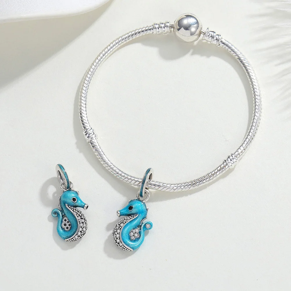 925 Sterling Silver Ocean Animal Charm Jellyfish Koi Shark Seahorse Poodle Turquoise Pendant Fit Bracelet Jewelry Gift For Women