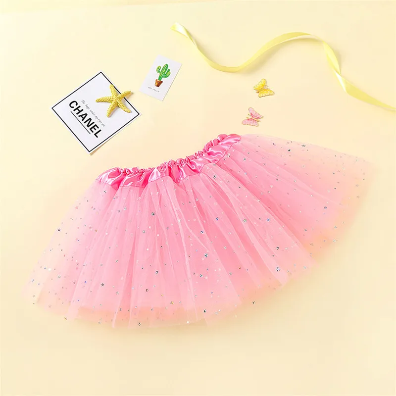 Summer Kids Baby Star Glitter Dance Tutu Skirt For Girl Sequin 3 Layers Tulle Toddler Lace Pettiskirt Children Chiffon 2-8T