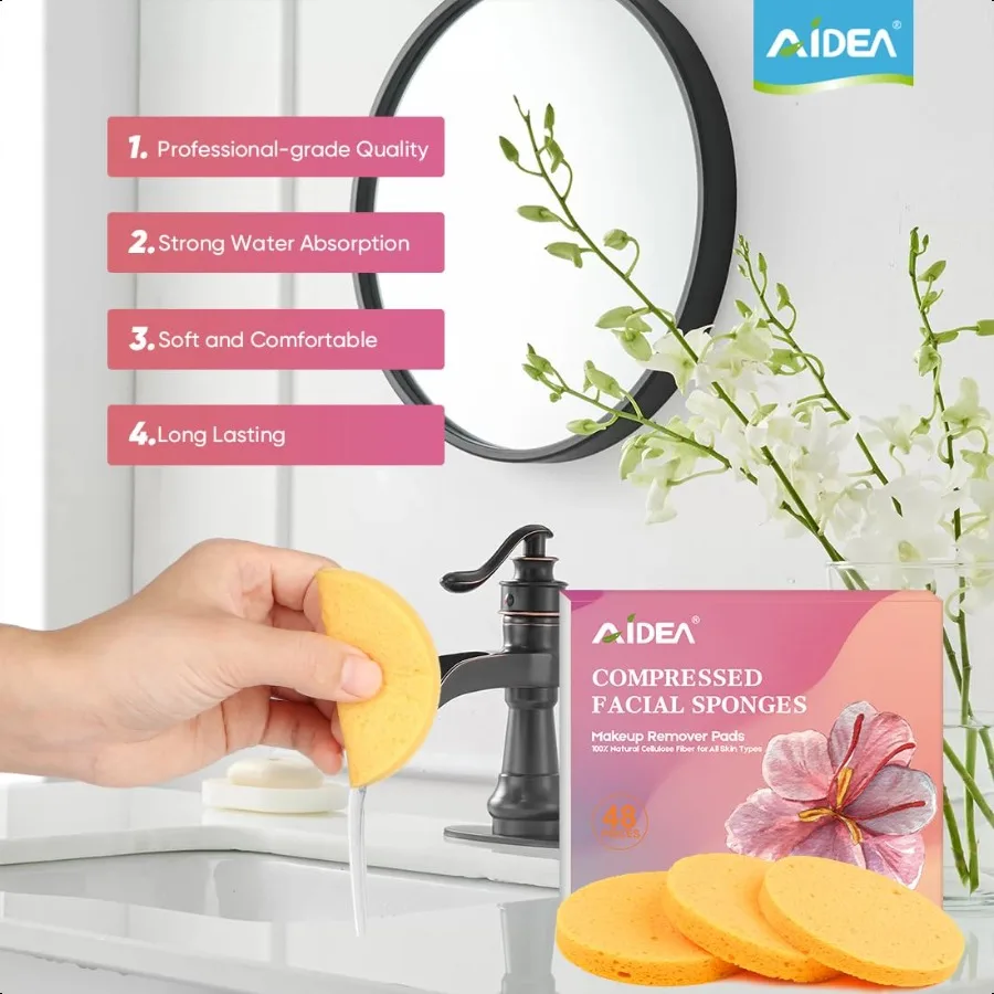 48Count Compred Facial SpongesRound Reusable Makeup Remover Pads Facial Pads Natural Cosmetic Spa Sponges for Facial Cleansing
