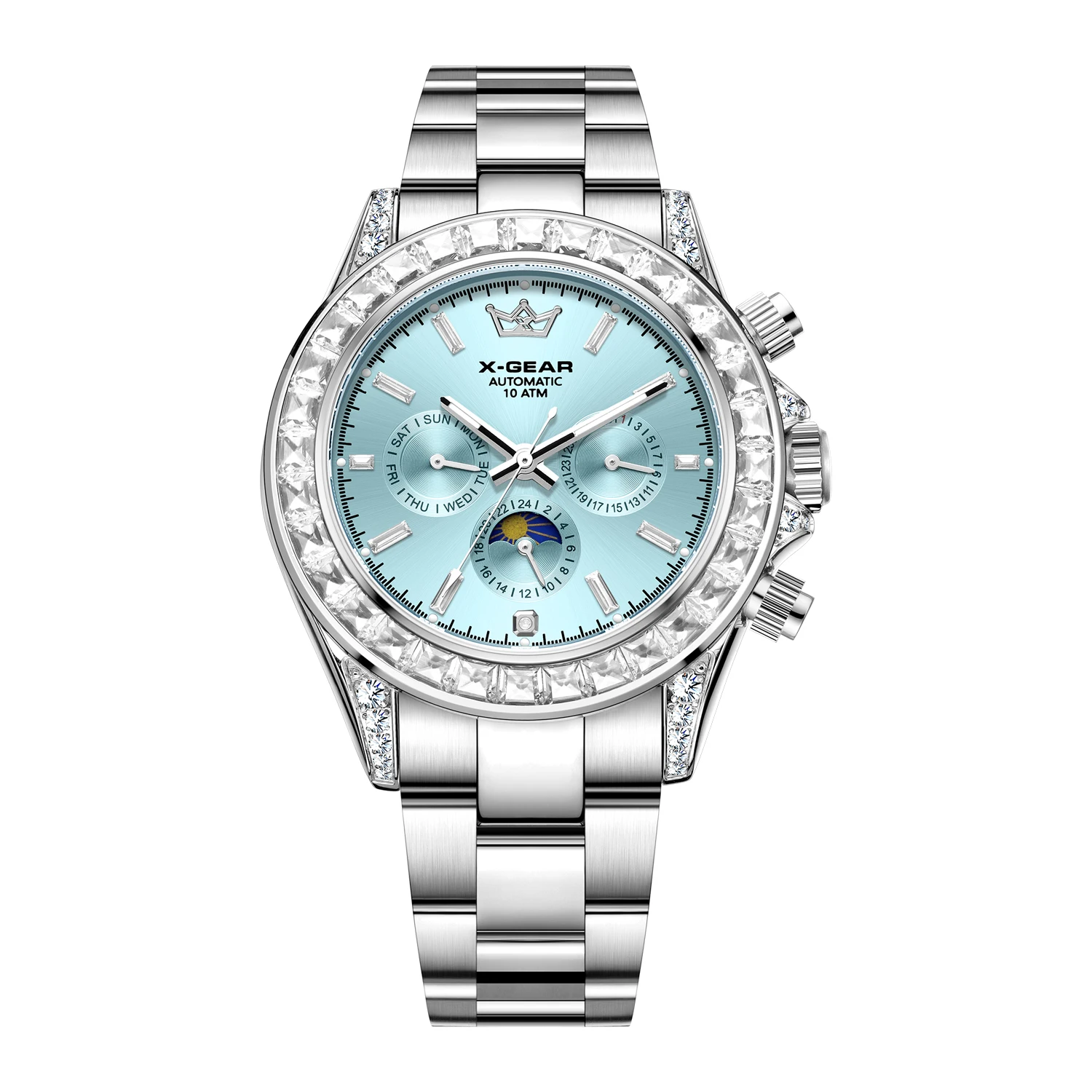 X-GEAR Три глаза Шесть игл Водонепроницаемый календарь Светящиеся механические часы для мужчин Аутентичные часы из нержавеющей стали