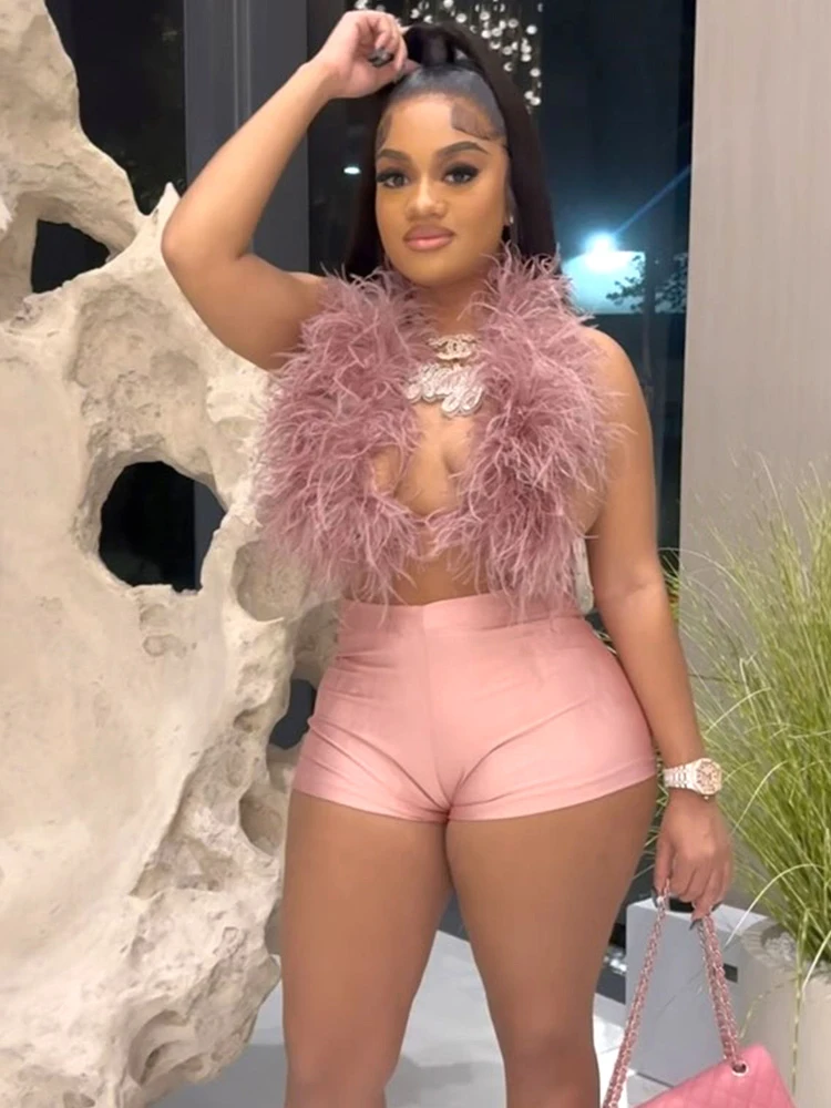 

Weird Puss Sexy Hipster 2 Piece Set Women Y2K Summer Luxury Furs Tank Tops+Tight Stretch Shorts Midnight Clubwear Party Suits