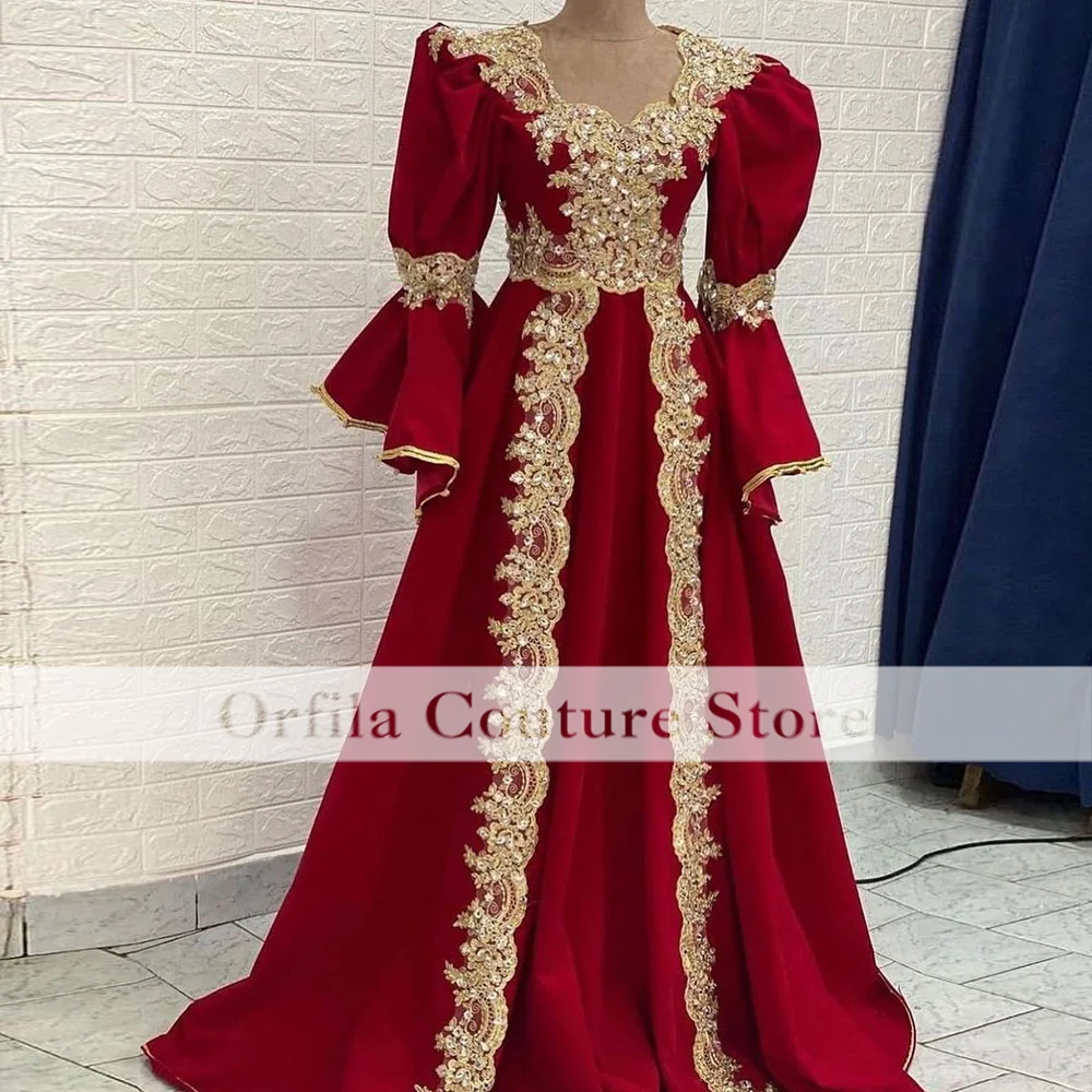 Traditional Kosovo Red Evening Dresses For Women Party Gowns Gold Appliqued Prom Dress Vestidos De La Celebridad