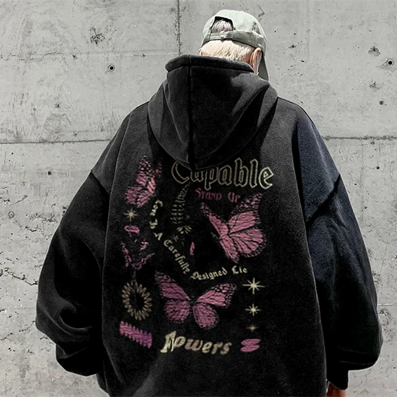

Vintage Dark Goth Butterfly Graphic Hoodie Mens Oversized Thicken Winter Clothes Hip Hop Streetwear Y2K Tops Harajuku Couples