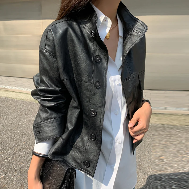 Chic Autumnal Casual Moto Sle Lungo Sve Colletto alla coreana Bottone singolo Vestibilità ampia Cardigan aperto Capispalla Jaet in pelle
