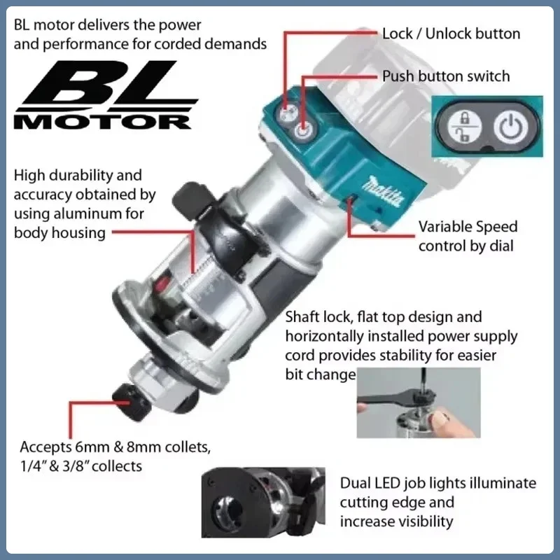 Recortadora inalámbrica DRT50 Makita, máquina cortadora recargable, herramienta de ranurado sin escobillas, fresadora, máquina de grabado de carpintería