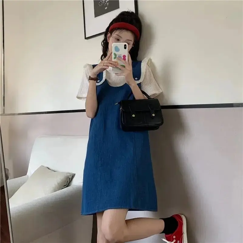 Fashion Women's Set Spring Summer New Korean Edition Deep Blue Denim Strap Dress+Apricot Sweet T-shirt Two Piece Set for Women