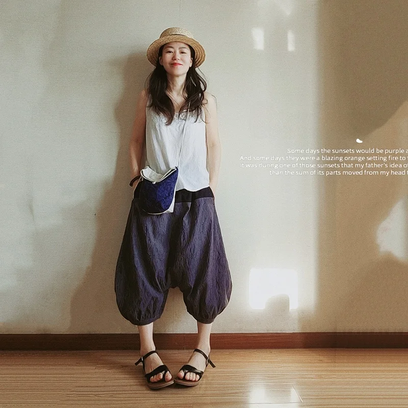 

Оригинальный дизайн, широкие брюки с заниженной талией, женские летние свободные брюки-харланы длиной 7/8, с вставками, на талии, для повседневной носки, из хлопка