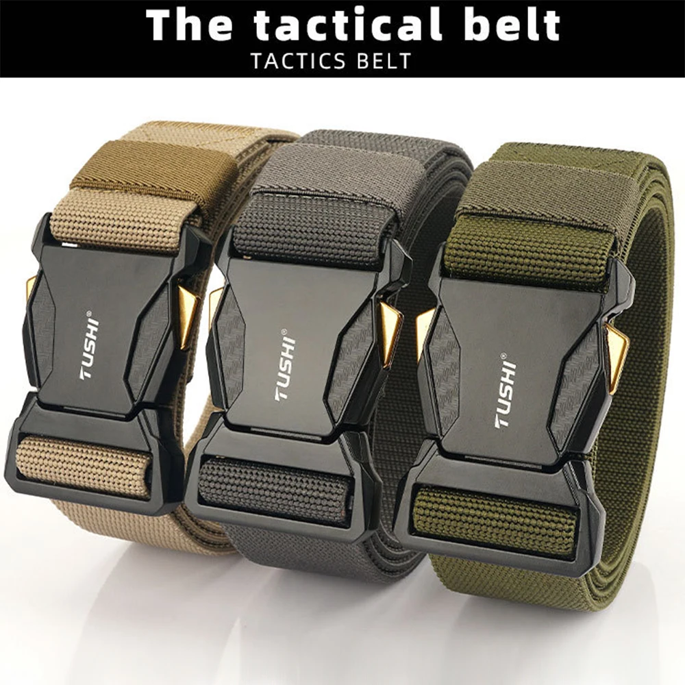 TUSHI Tactical Belt Nylon Elastic Military Army belt Outdoor Quick Release Pluggable Buckle Police Heavy men's Training Hunting