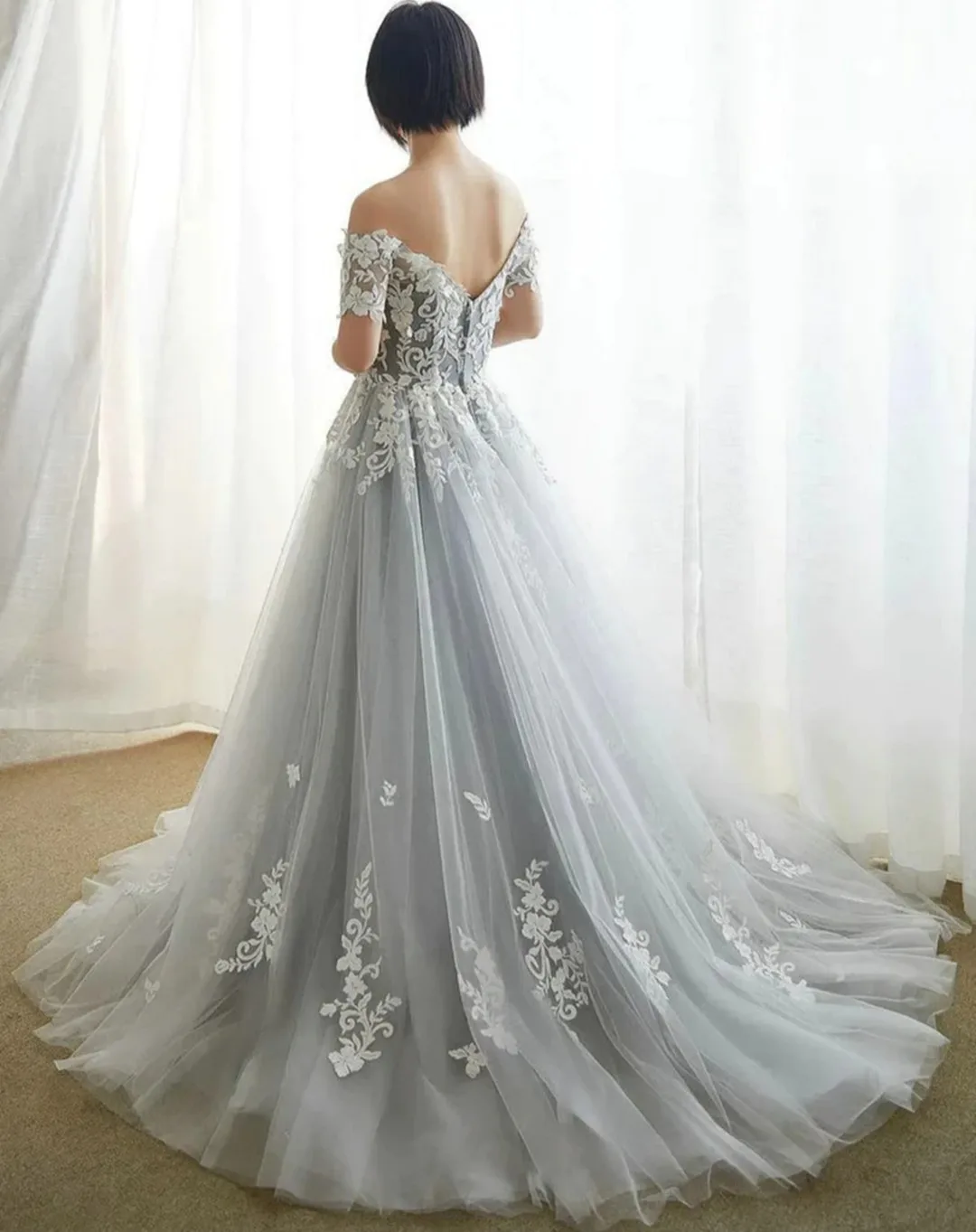 Vestidos de novia de línea a con hombros descubiertos, tul elegante, sin espalda, vestido de noche hasta el suelo, apliques de lujo, perlas, vestidos de novia