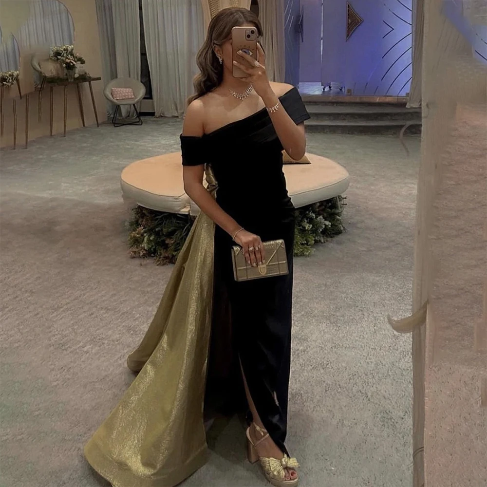 Verngo Off The Shoulder Draper Train Evening Long Dresses For Women 2024 Sleeveless Satin Shiny Saudi Arabic Prom Gown