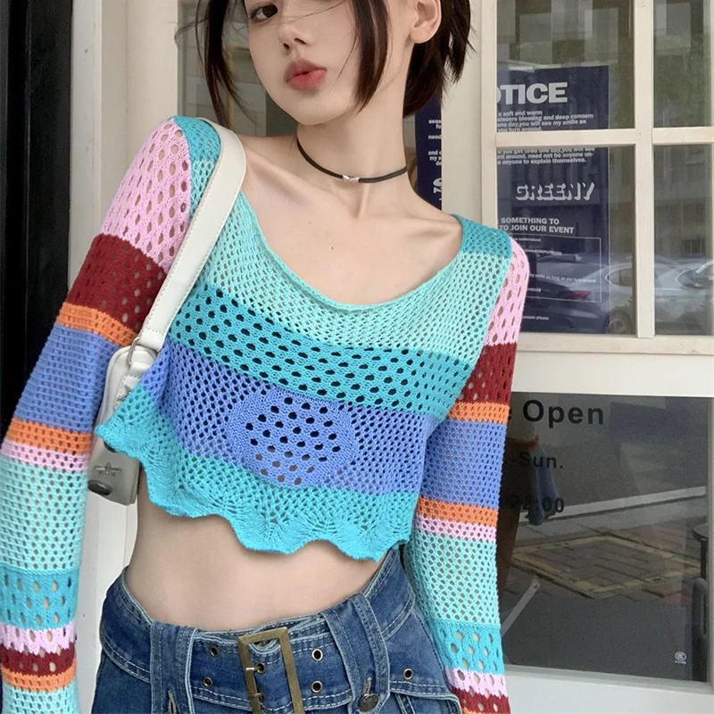 

Summer Colorful Striped Hollow Out Long Sleeve Women T Shirts Rainbow Hit Color Slim Fit Sexy Girls Crop Top Fashion Casual Tee