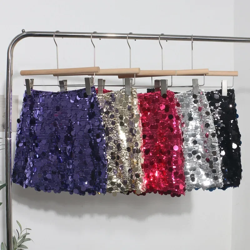 IMU Heavy Industrial Style Sequined Shiny Bling Skirt For Women Spicy Girl Nightclub High Waisted Bodycon A Line Mini Skirt 1029