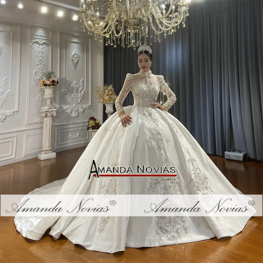 Customized NS4565 High Neckline Satin Wedding Dress Ball Gown Style