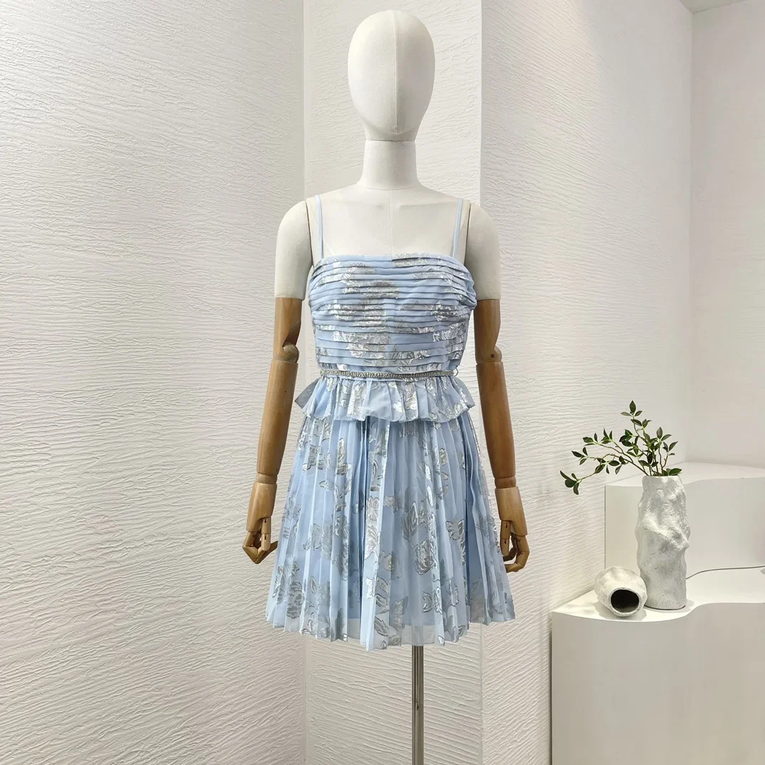 

Women Blue Flouncing Ruffle Sleeveless Ruched Pleats Belted Mini Dress 2024 Top Quality Spring Summer