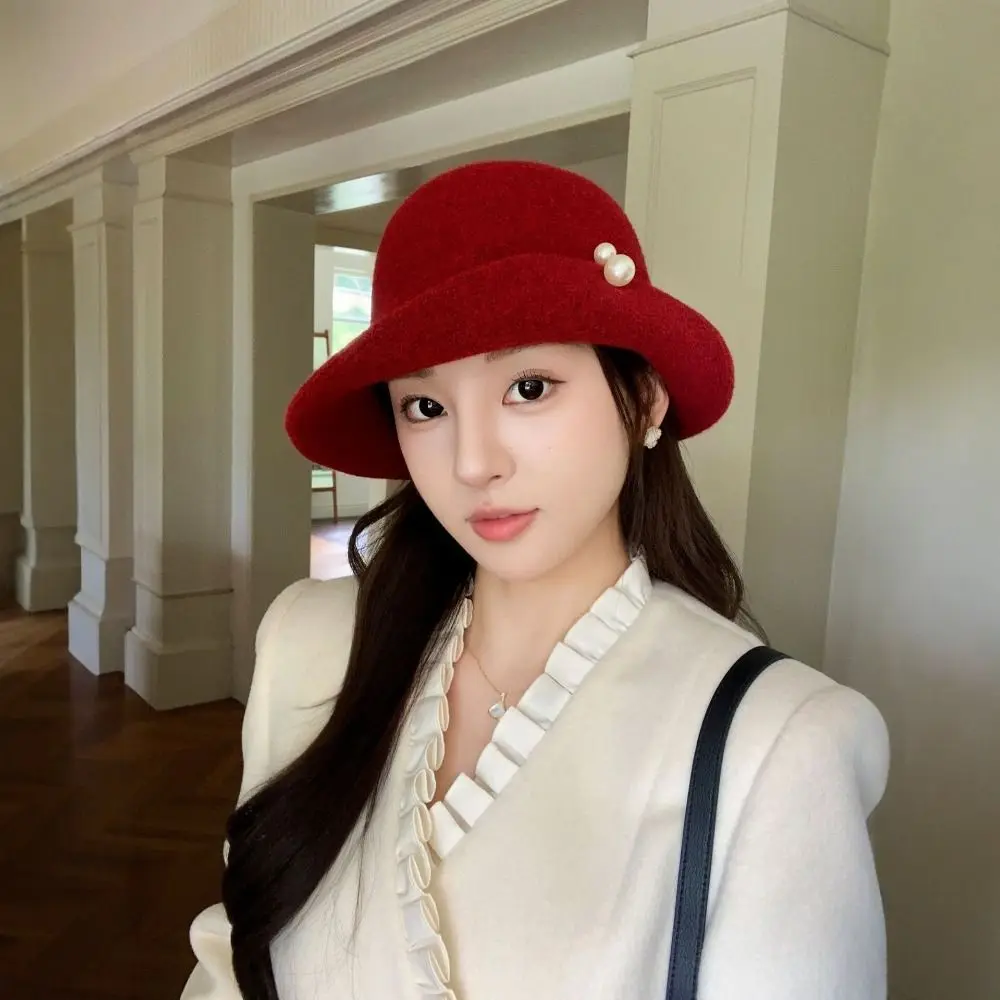 Retro Wool Blend Fedoras Hat Pearl Curled Brim Hepburn Style Topper Hat Pure Color French Style Woolen Bucket Hat Travel