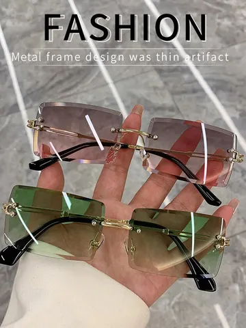 Vintage Fashion 2021 New Sunglasses Rimless Frameless Rectangle Shades Gradient UV400 Summer Traveling Sun Glasses for Women