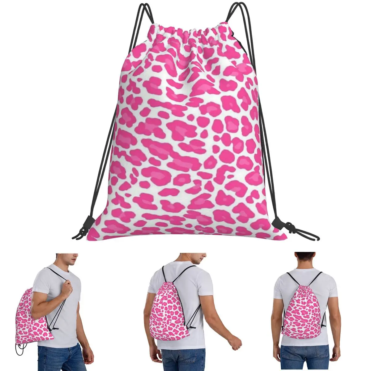 

Розовые рюкзаки с леопардовым принтом, многофункциональные портативные сумки на шнурке, сумка для обуви, сумки для книг для мужчин и женщин, школьные