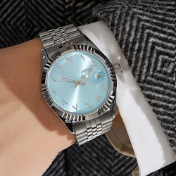 Baby Blue Arabic Watches Unisex Steel Watchband Mechanical Wristwatch Waterproof