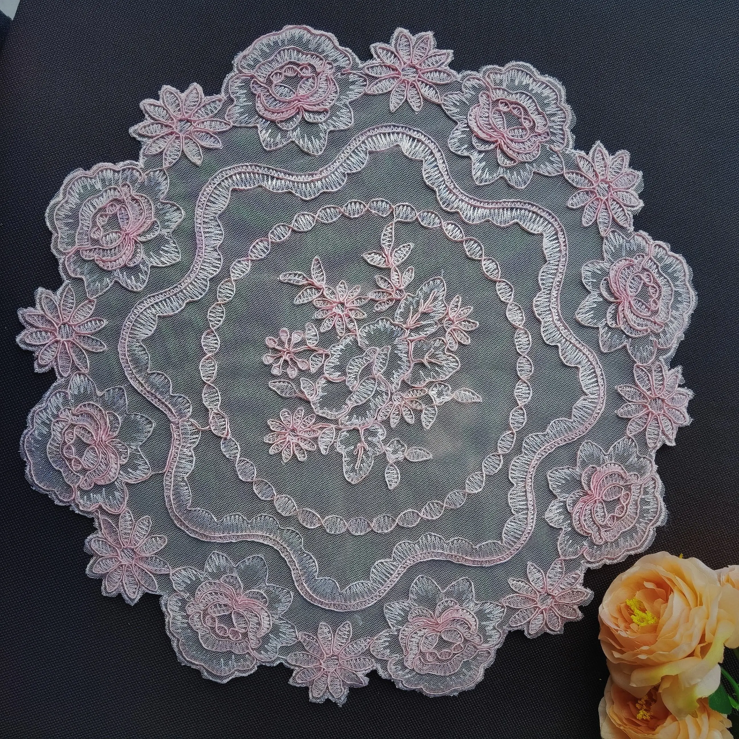 Pink Placemats Round Breakfast Table Mat Lace Jacquard  Table Pad Red Flower Coasters Fruit Tray Mat  Birthday Table Decoration view 3