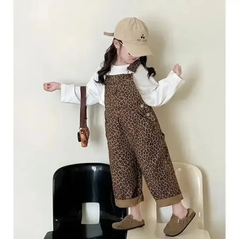 Kids Pants Girls Leopard Print Overalls Spring Autumn Pants Korean Childrens Wide Leg Pants Set  New 2024 Autumn Simple