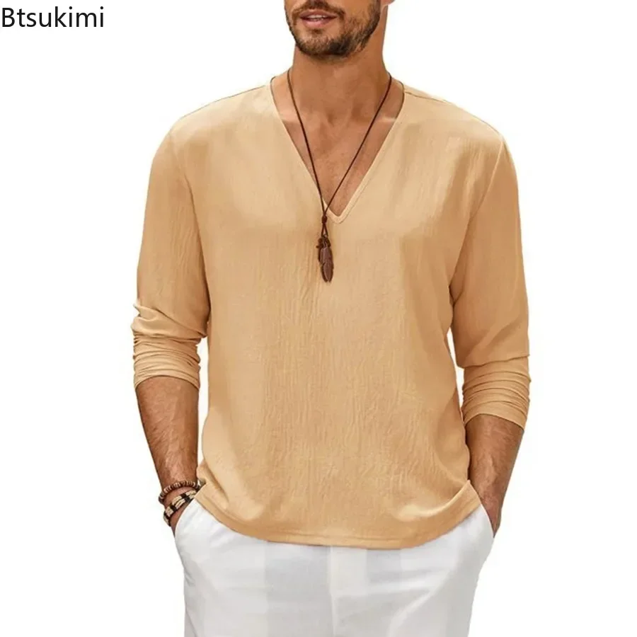 

2025 New Men's Cotton Linen Long Sleeve T-shirt Breathable Shirt Solid Color Casual V-neck Basic Tops Male Simple Versatile Tees