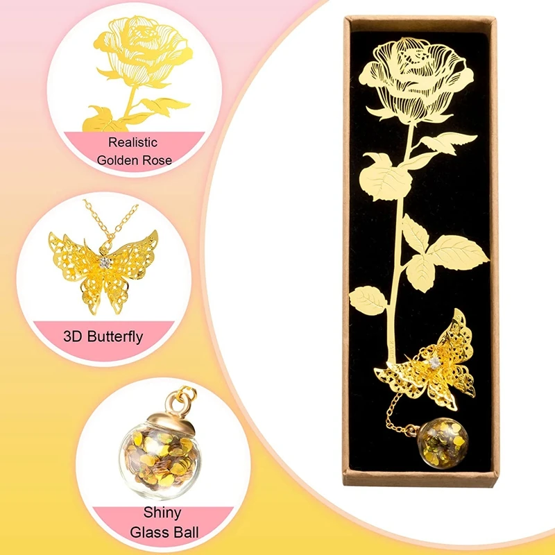 4 Pack Valentine's Day Metal Golden Rose Bookmarks Metal Bookmarks With 3D Butterfly Pendant Chain And Box