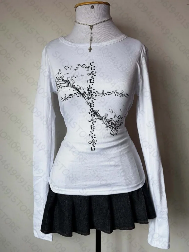 เสื้อยืดแขนยาวสไตล์ Y2K แนวหวานซ่อนเปรี้ยว สำหรับผู้หญิง ลุคแคชชวล กอธิค พังก์ พิมพ์ลาย เสื้อยืดฮาราจูกุ กรันจ์ อีโม