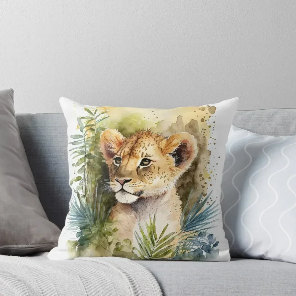 Watercolor Cute Baby Lion Sitting in the Jungle, Lion Cub Throw Pillow Room decorating items ornamental pillows pillow