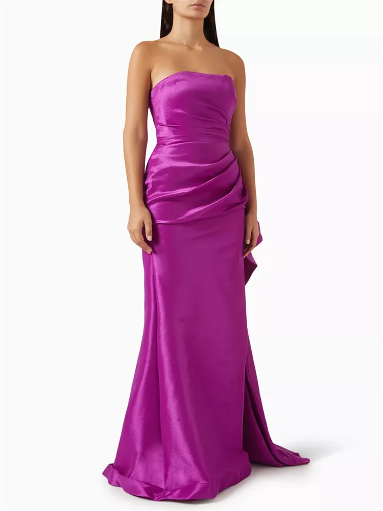 

Hot Selling Strapless Neckline Sleeveless Satin Evening Dress Sexy Open Back Zipper Floor Length Side Leg Slit Gown For Women