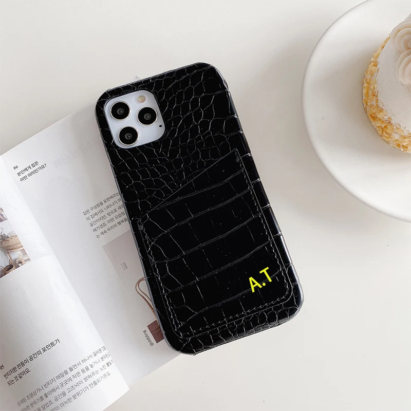 Customized Leather Phone Case with Card Holder Initials Name Letter Crocodile Pattern iPhone17 16 11 12 13 14 15Pro Max 16Plus