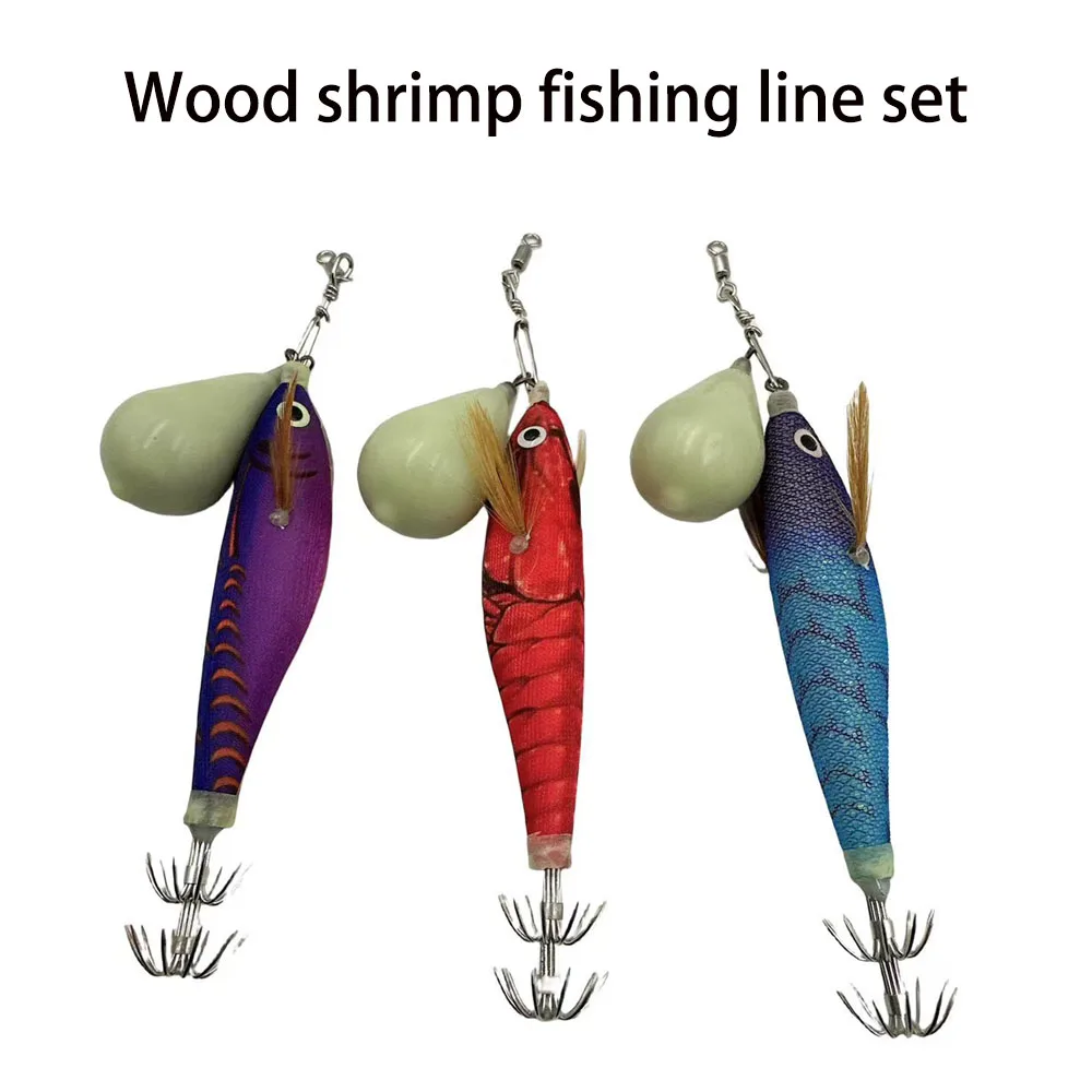 Una plataforma de pesca de camarones de madera de alta calidad, equipada con anzuelos de calamar y plomos luminosos: con un diseño realista de camarones y calamar, adecuada tanto para ambientes de agua salada y agua dulce, es un cebo para pescar