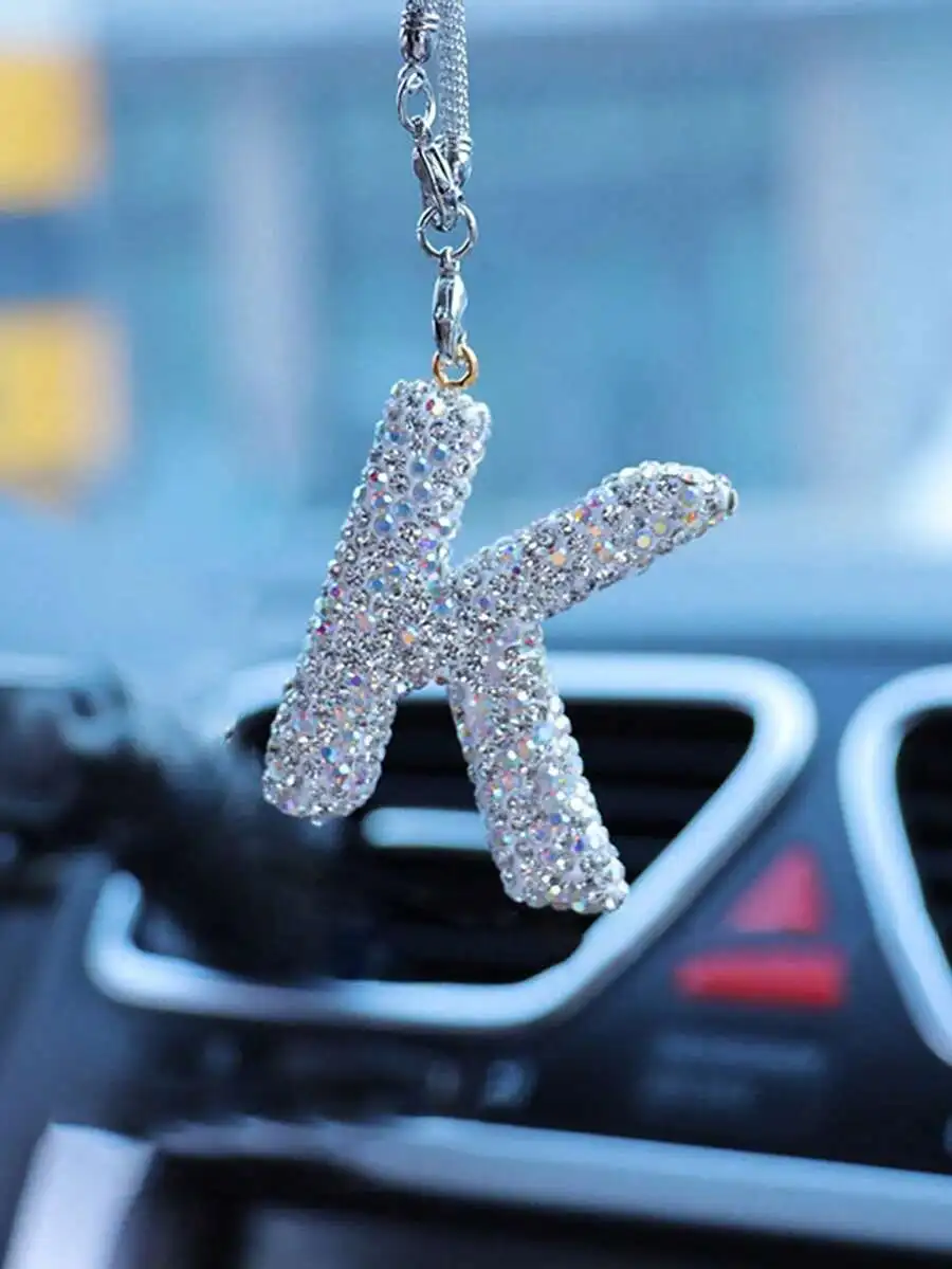 1pc Car Interior Pendant Full Diamond A-Z Letter Car Rear View Mirror Pendant Rear View Mirror Pendant Interior Decoration