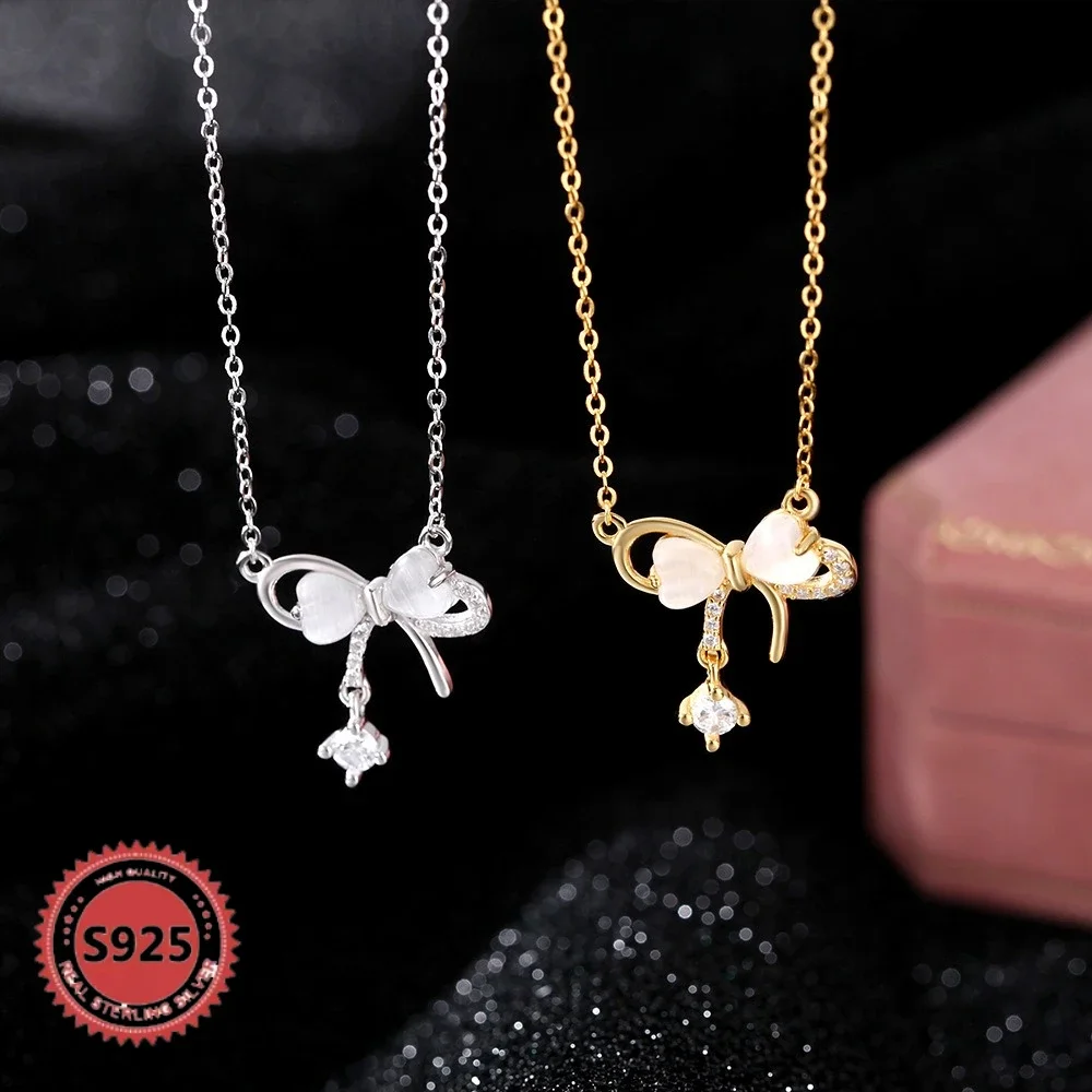 

S925 Sterling Silver Cat's Eye Stone Bow Necklace for Women - High-End, and Fashionable, Perfect for A Delicate Collarbone Chain
