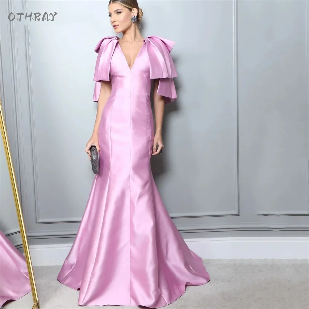 OTHRAY Slim Fit Mermaid Vestidos De Noche Elegant Pink Prom Dress V-Neck Satin Party Dress Short Sleeves Formal Evening Gowns