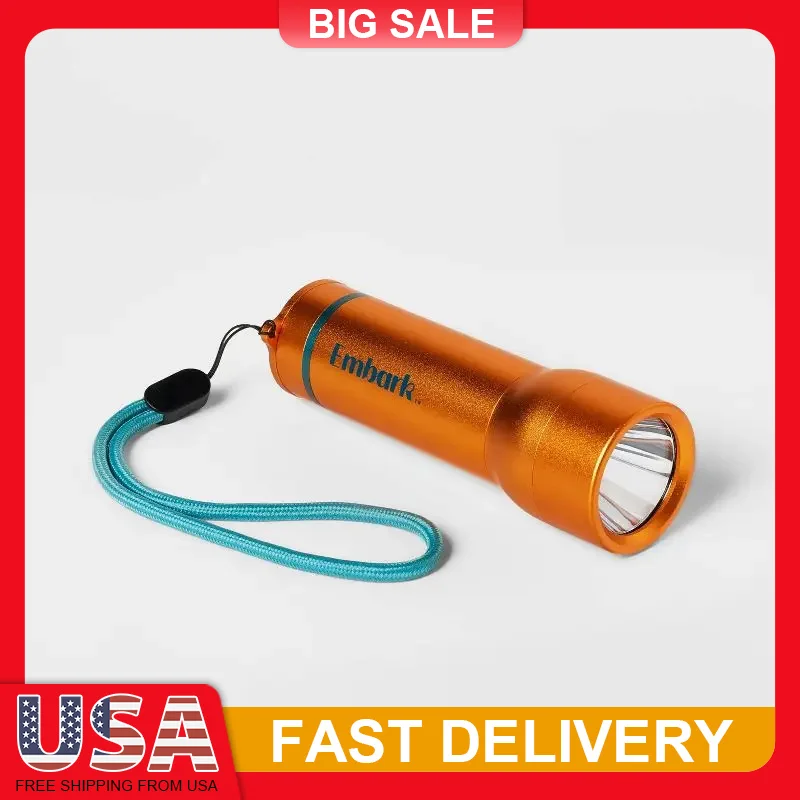 

Orange LED Flashlight High/Low Modes 110m Beam Water Resistant Anti Roll with Wrist Strap for Camping Hiking Outdoor Emergency