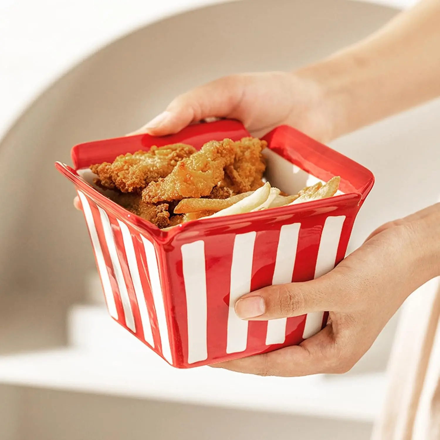 Cinema Popcorn & French Fries Box‑Shaped Ceramic Bowl –6 Inch Square Flared Rim, Snacks, Desserts, Party Serving