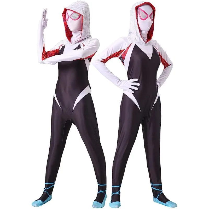 Meisjes Gwen Spider Cosplay Kostuum met Masker Kids Wit Spidergirl Bodysuit Jumpsuit Masker 3D Stijl Halloween Kostuums Pak