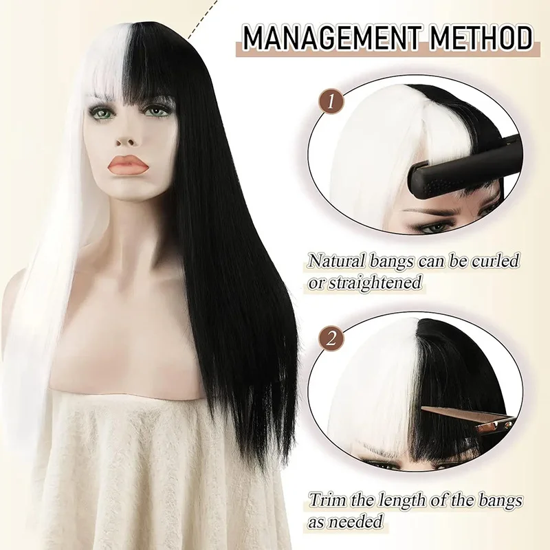 شعر مستعار للنساء برأس كامل، شعر مستعار طويل مستقيم باللونين الأبيض والأسود مع غرة لحفلات الهالوين، شعر مستعار رقيق طبيعي