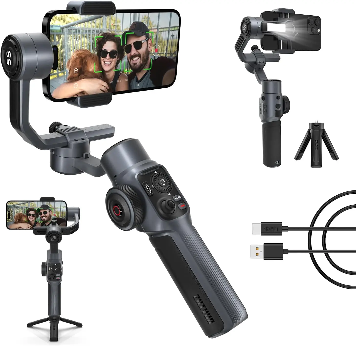 Zhiyun Smooth 5S 3-Axis Smartphone Stabilizer with Built-in Fill Light AI Face Tracking for iPhone &Android YouTube TikTok Video