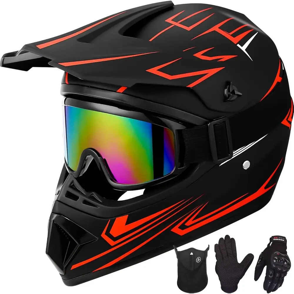 

Youth Dirt Bike Helmet Set with Gloves, Goggles, and Mask - DOT Certified, Large, Red
