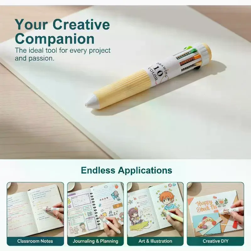1/3/6/9Pcs 10 In 1 Retractable Multicolor Ballpoint Pen 0.8mm Tip Soft Grip Rich Ink Drawing School Notetaking Office