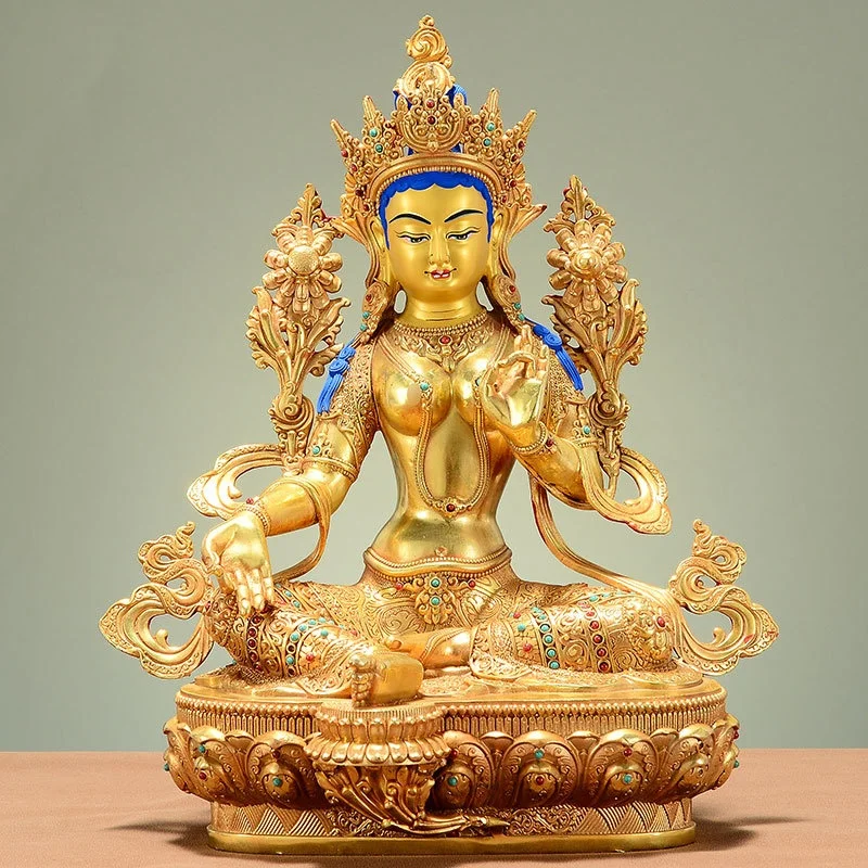 Tibetan Buddhism Tantric Buddhism Statue Bronze Gilded Carving Craft Green Tara Xizang Home Desktop Decoration Ornaments