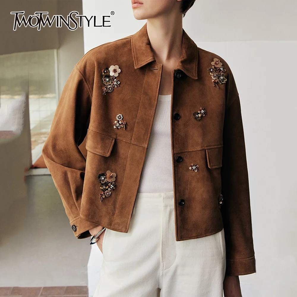 

TWOTWINSTYLE шикарная куртка с 3D цветами кофе, женская свободная уличная одежда с лацканами и длинными рукавами, женские куртки, осенняя мода, новинка