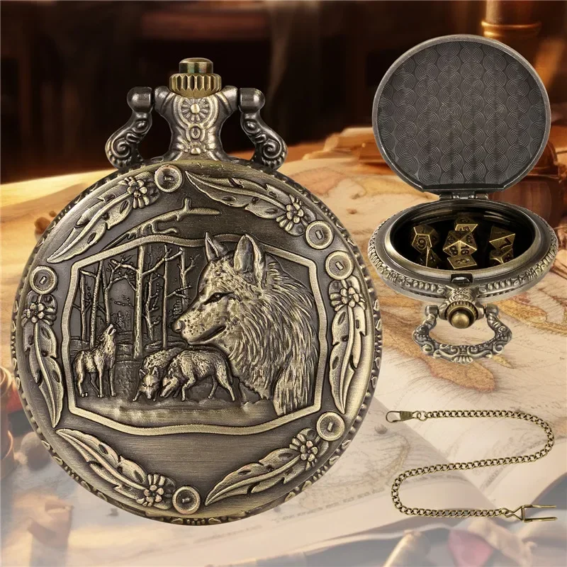 Antique Carved Wolf Pocket Watch Case with Pendant Chain 7pcs/set Metal Dice Role Play Entertainment Gaming Dices