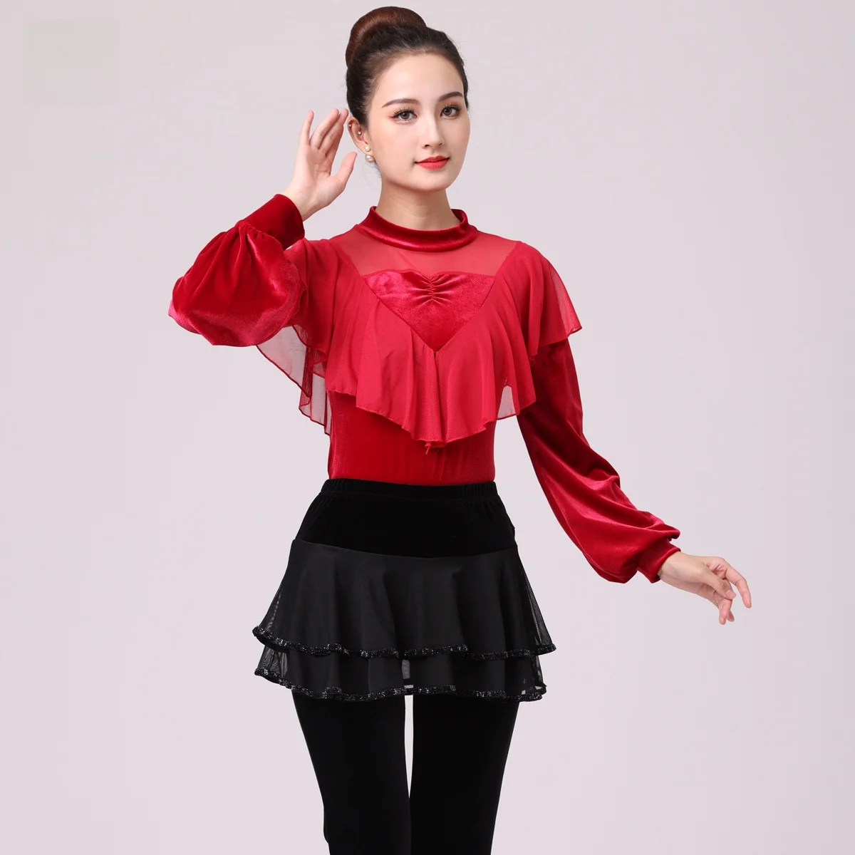 thickened-fleece-latin-dance-outfit-women's-square-dancing-ensemble-professional-performance-costume-long-sleeve-velvet-fabric